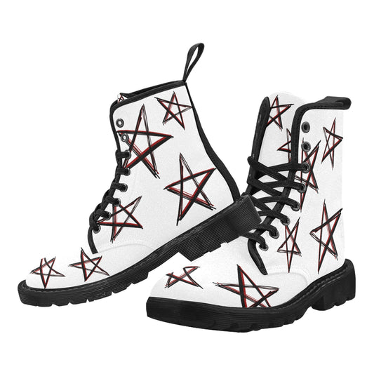 Rock The Stars - Women's Lace Up White Boots With Black/Red Stars