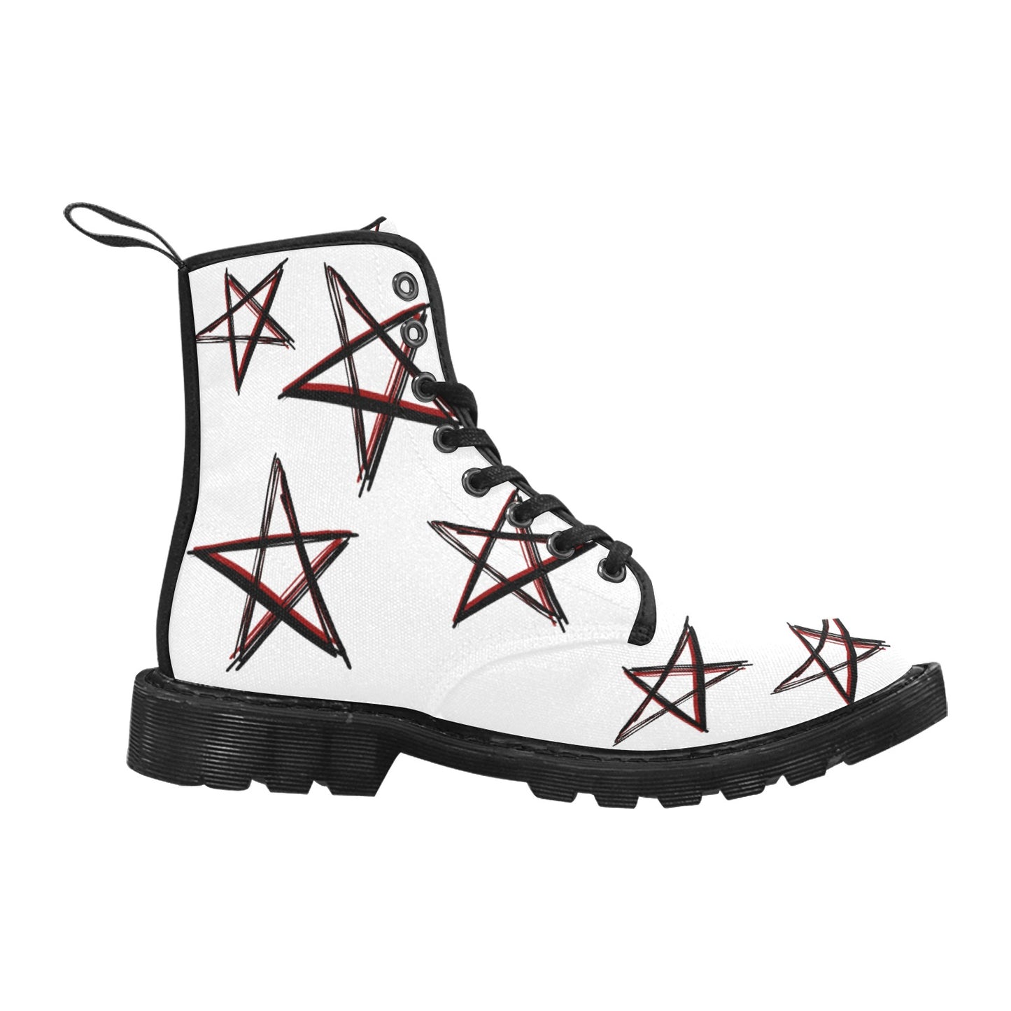 Rock The Stars - Women's Lace Up White Boots With Black/Red Stars