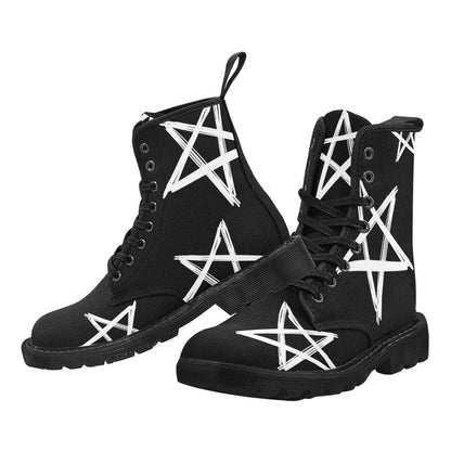 Wanna Be A Star - Men's Lace Up Black Boots With White Stars