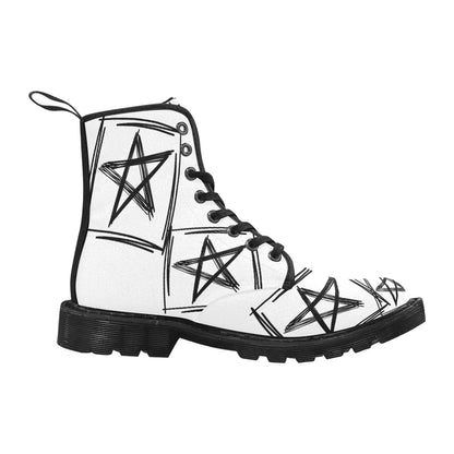 Star Pop - Women’s White Lace Up Boots With Black Stars