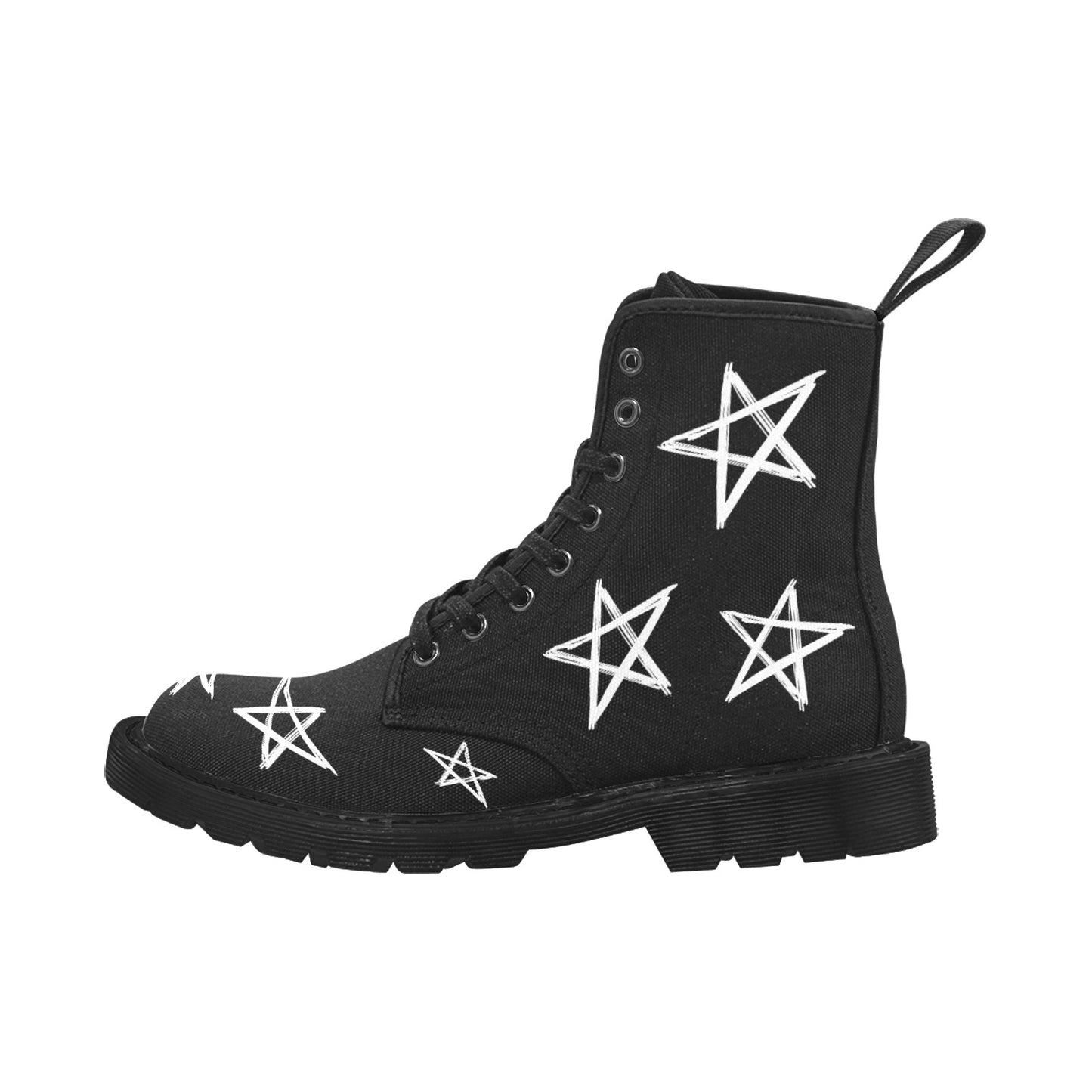 Stars - Women's Lace Up Black Boots With White Stars