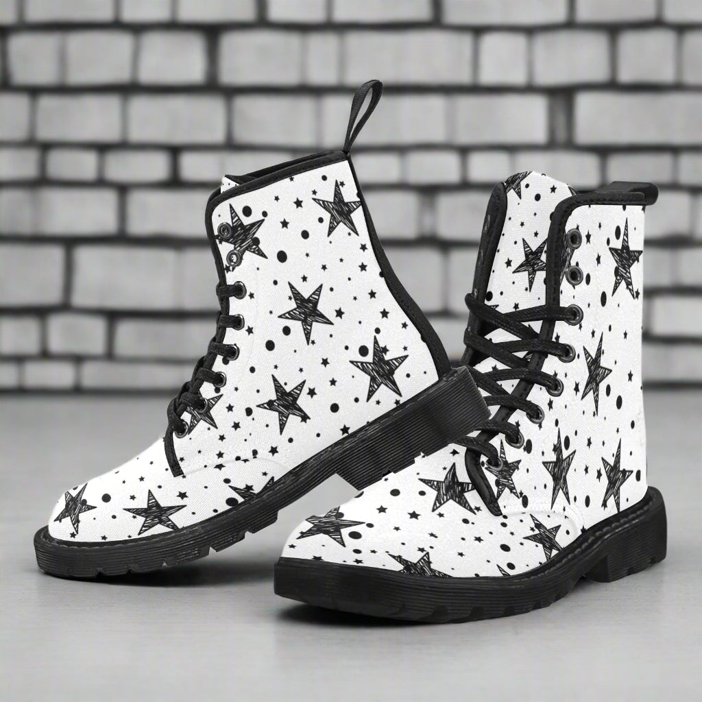 Stargaze - Women's Lace Up White Boots With Black Stars