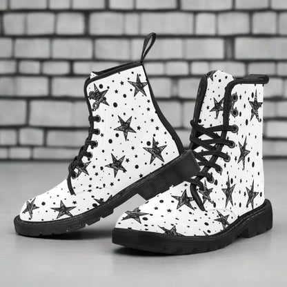 Stargaze - Women's Lace Up White Boots With Black Stars