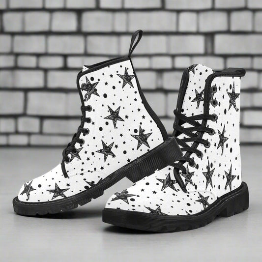 Stargaze - Women's Lace Up White Boots With Black Stars