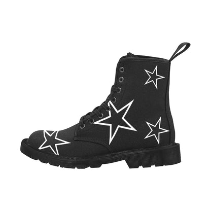 Just Star Me - Women's Lace Up Black Boots With White Outlined Stars