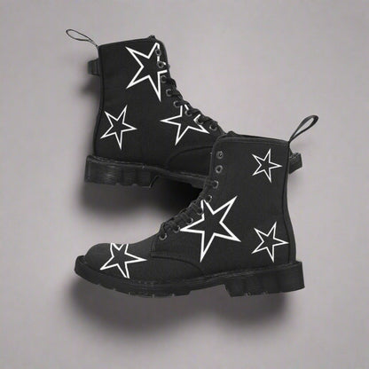 Just Star Me - Women's Lace Up Black Boots With White Outlined Stars