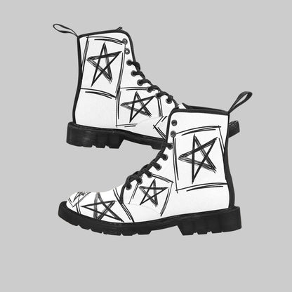 Star Pop - Women’s White Lace Up Boots With Black Stars